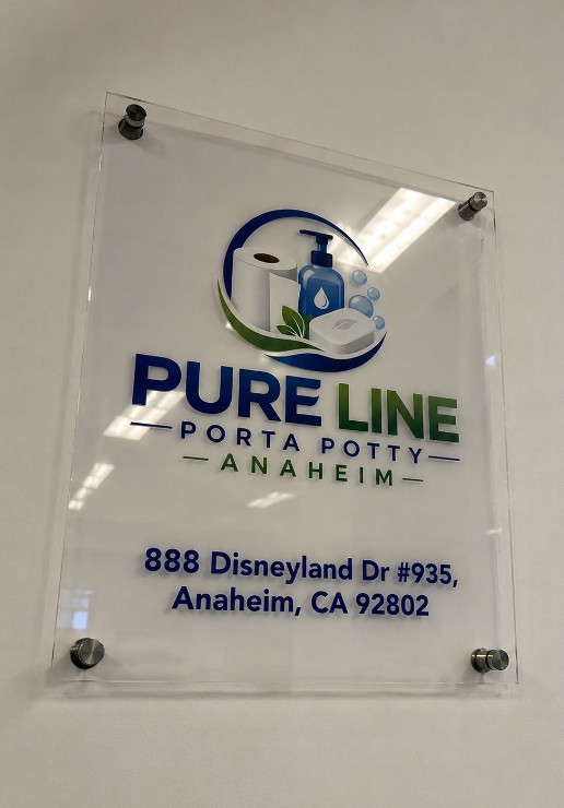 Pure Line Porta Potty Anaheim office signage showing the address at 888 Disneyland Dr #935